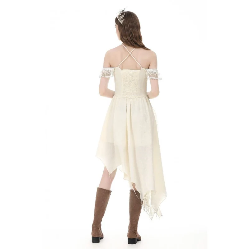 Gothic-Kleid für Damen mit Spitzen-Patchwork, Rüschen, asymmetrischem Schulterfrei-Design, Abschlusskleid