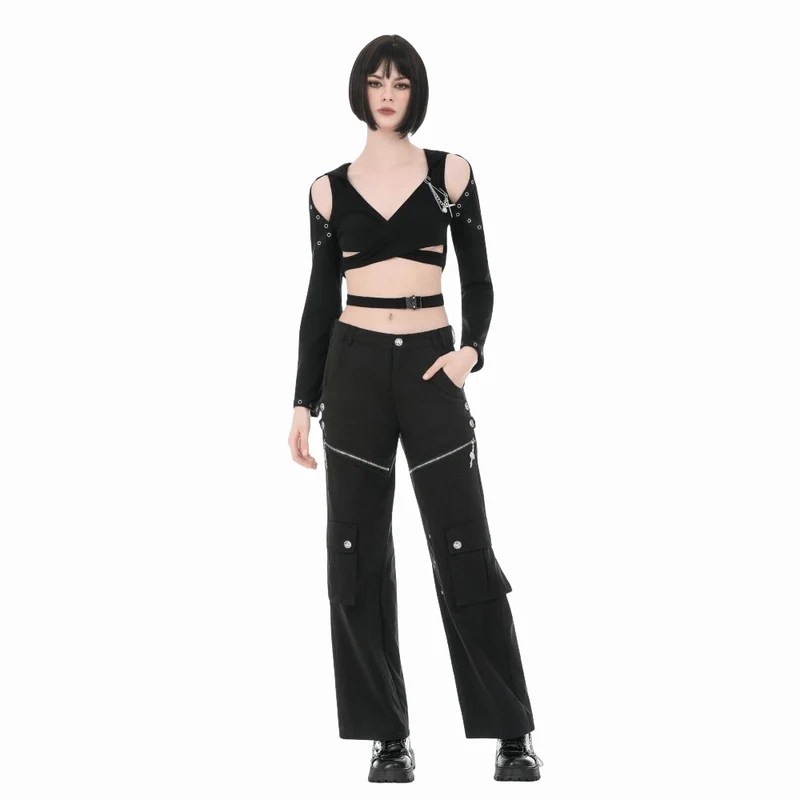 Punk-Damenhose mit Ösen, großer Tasche und Reißverschluss