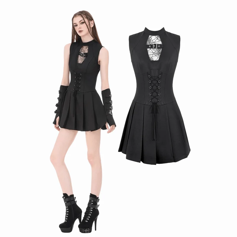 Ärmelloses Punk-Kleid mit Spinnwebenmuster, Mesh-Einsätzen und Schnürung für Damen