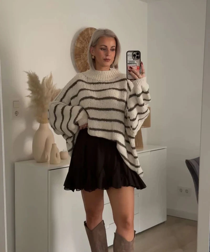 Oversize Pullover Sia Streifen Beige Braun