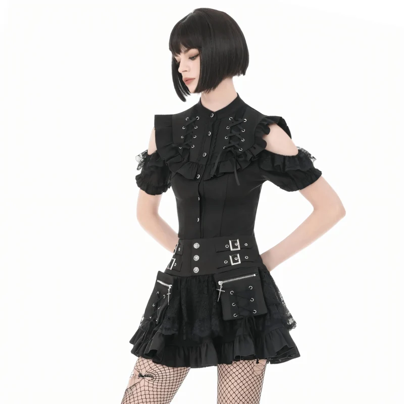 Gothic-T-Shirt für Damen mit Rüschen, Schnürung und Cut-outs, kurzen Ärmeln