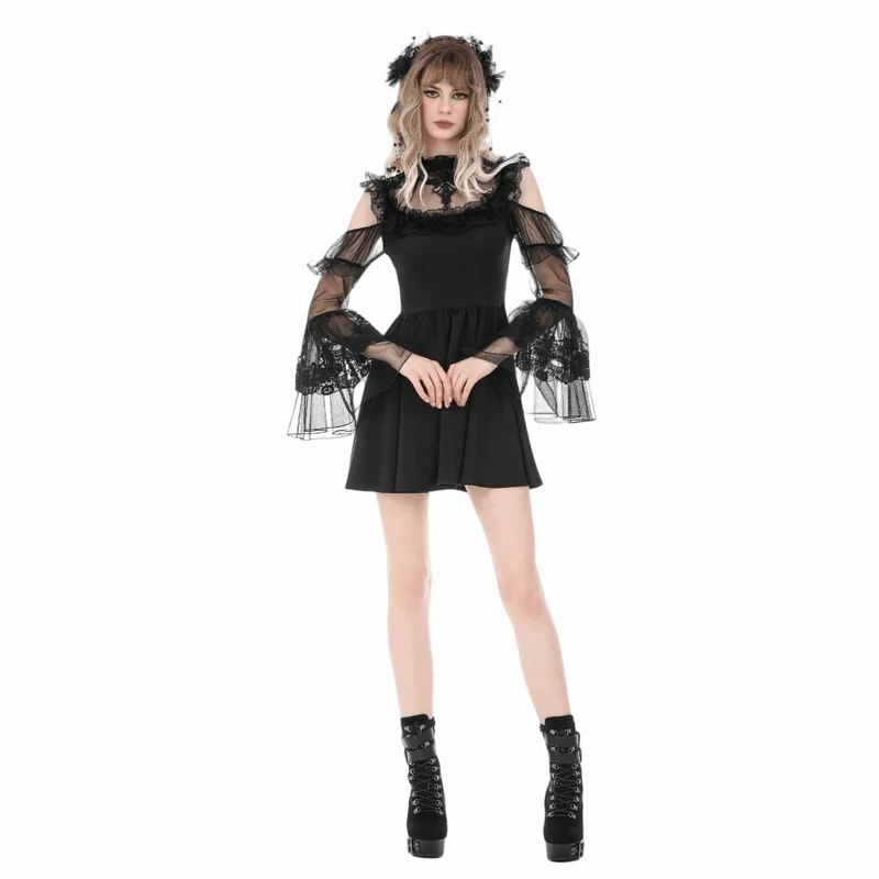 Gothic-Kleid für Damen mit Mesh-Einsätzen, Rüschen und Cut-outs, langen Ärmeln