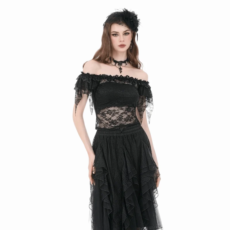 Gothic-Blumenmuster, transparentes schulterfreies Spitzentop für Damen