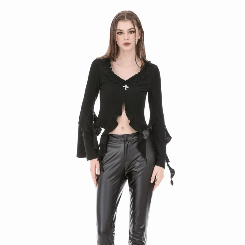 Gothic-Crop-Top mit gekreuzten Ärmeln, tiefem Ausschnitt und Bändern für Damen
