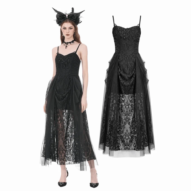 Gothic-Kleid mit floraler Spitze und Raffungen aus Mesh für Damen, Brautkleid