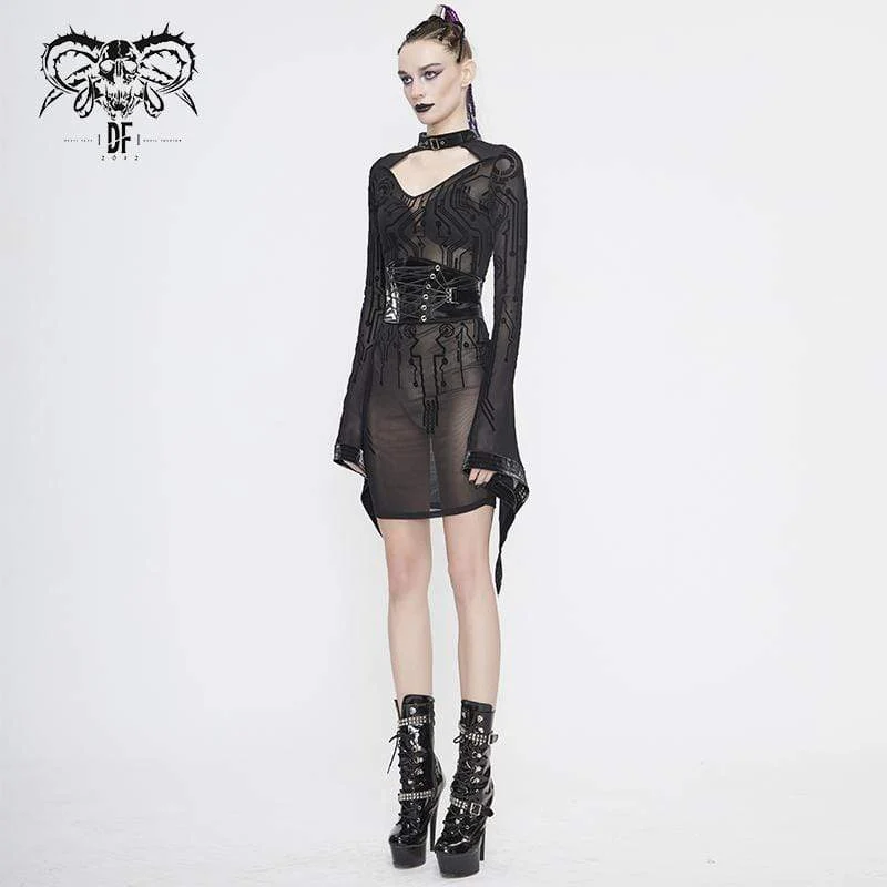 Frauen Gothic Black Sheer Lace lange Tulpenärmel kurze Etuikleider