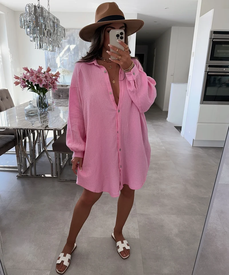Ultra Oversize Musselin Bluse Glitzer Auge Hellpink