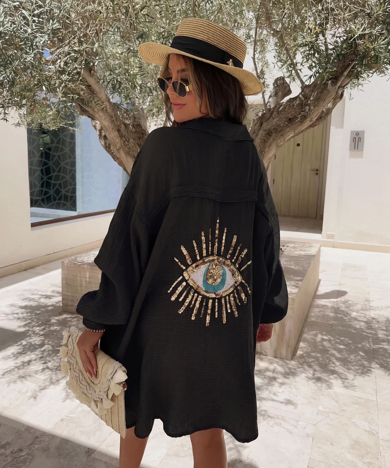 Ultra Oversize Musselin Bluse Glitzer Auge Schwarz
