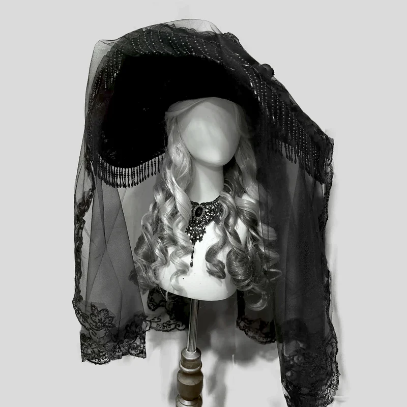 Gothic-Hut für Damen mit Blumenmuster, breiter Krempe und Schleier
