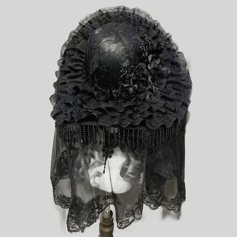 Gothic-Hut für Damen mit Blumenmuster, breiter Krempe und Schleier