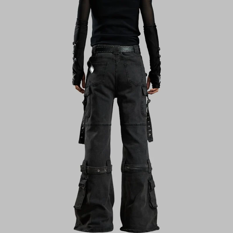 Grunge-Schlaghose für Damen mit Schnallenriemen, mehreren Taschen