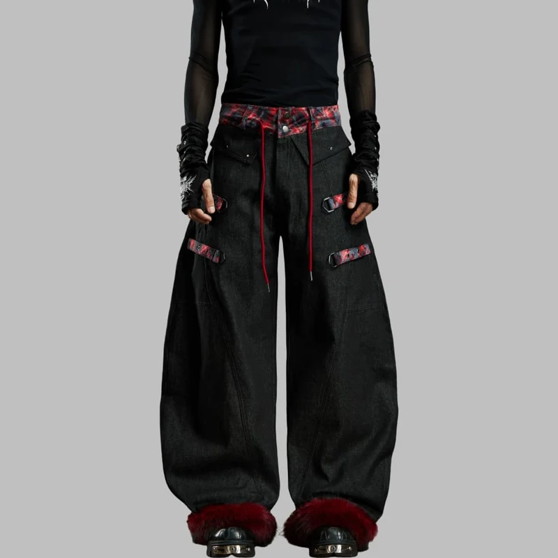Grunge-Crop-Top mit Schnallenriemen, Karomuster und Ärmeln für Damen