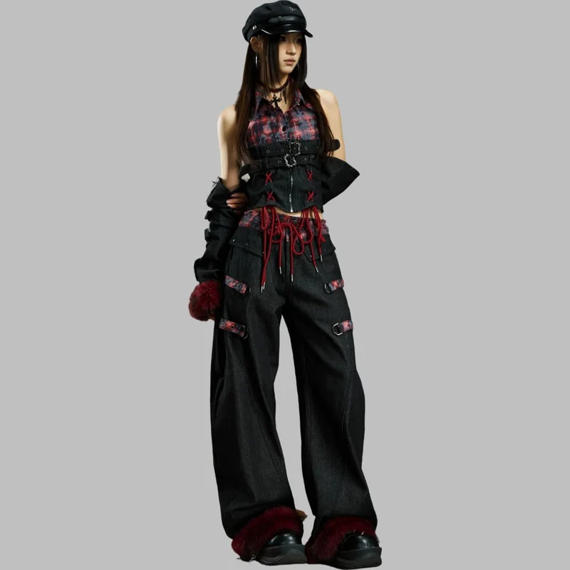 Grunge-Crop-Top mit Schnallenriemen, Karomuster und Ärmeln für Damen