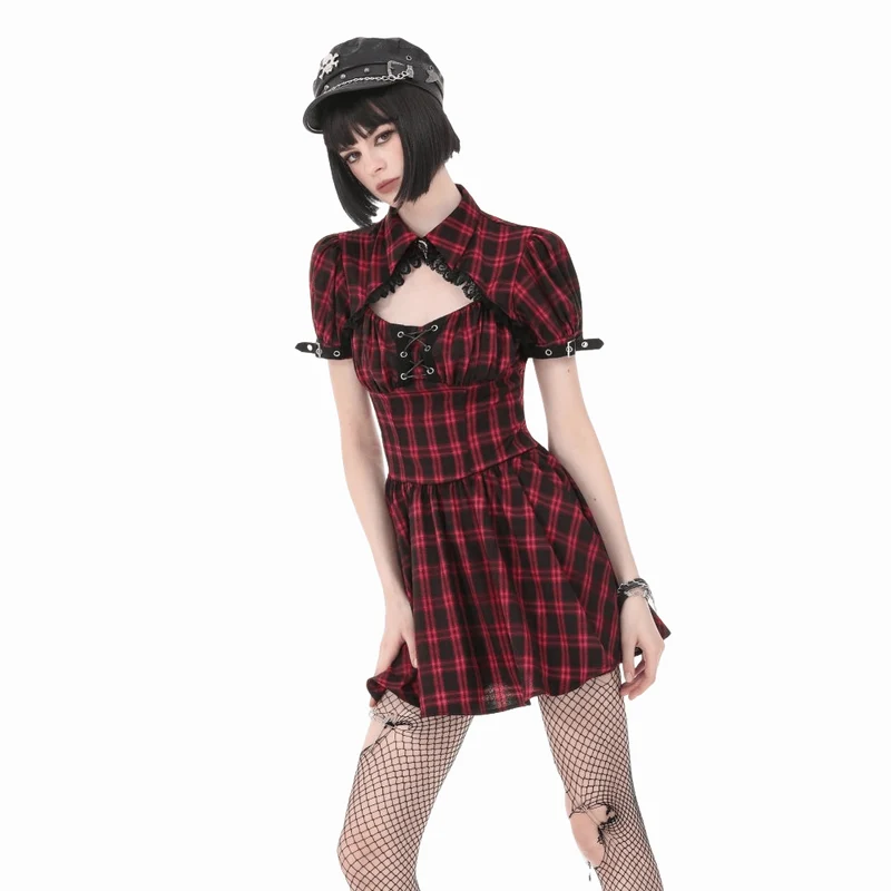 Punk-Kleid für Damen mit Cut-outs, Umlegekragen, Karomuster und kurzen Ärmeln