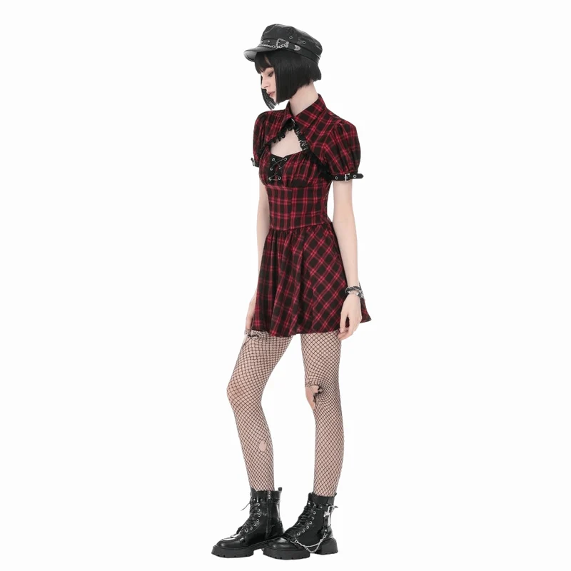 Punk-Kleid für Damen mit Cut-outs, Umlegekragen, Karomuster und kurzen Ärmeln