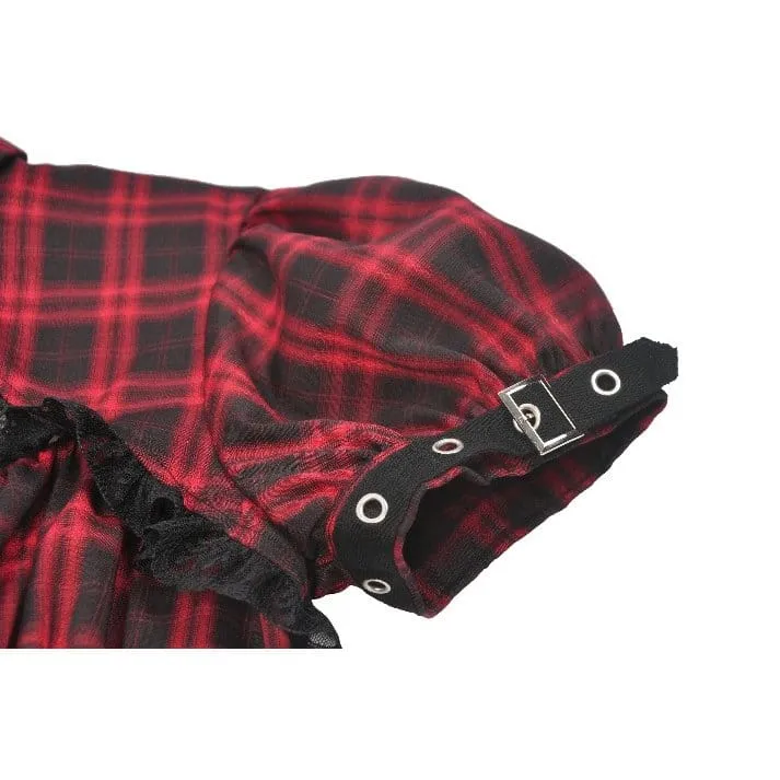 Punk-Kleid für Damen mit Cut-outs, Umlegekragen, Karomuster und kurzen Ärmeln