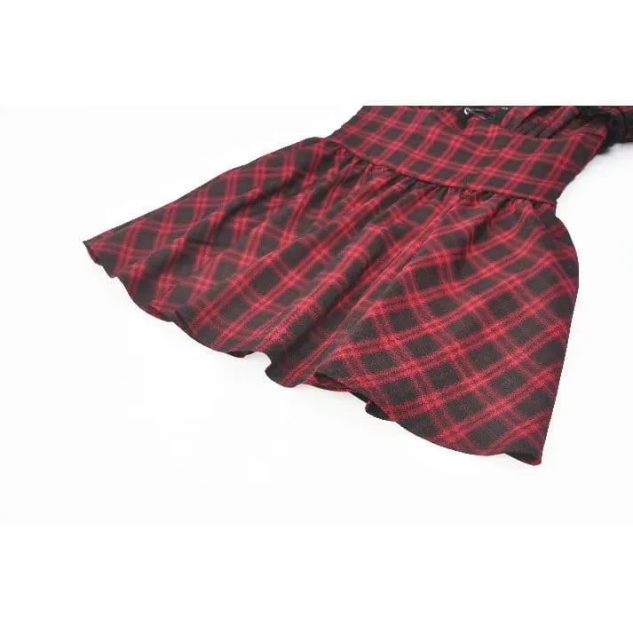 Punk-Kleid für Damen mit Cut-outs, Umlegekragen, Karomuster und kurzen Ärmeln