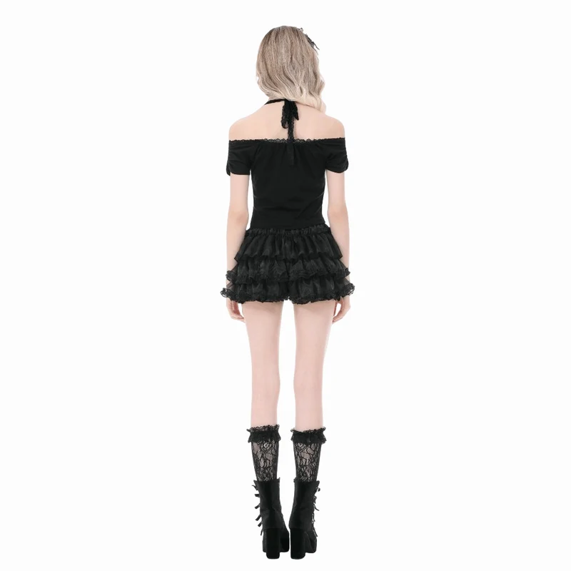 Gothic-Crop-Top für Damen mit gerafftem Kreuzmuster, Neckholder und kurzen Ärmeln