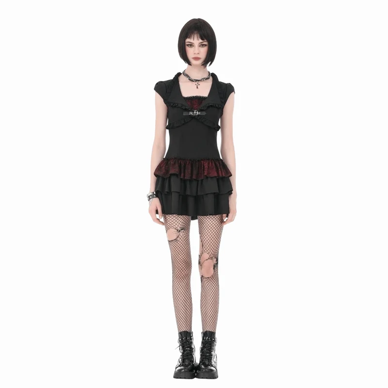 Gothic-Kleid für Damen, zweifarbig, mit Rüschen und kurzen Ärmeln