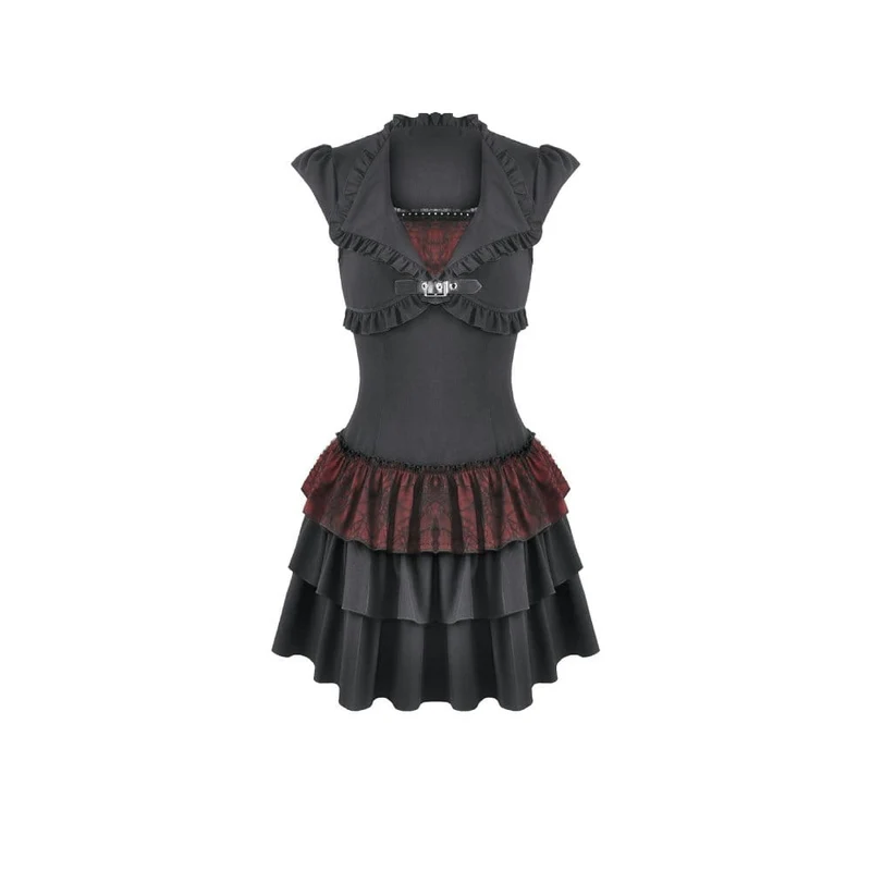 Gothic-Kleid für Damen, zweifarbig, mit Rüschen und kurzen Ärmeln