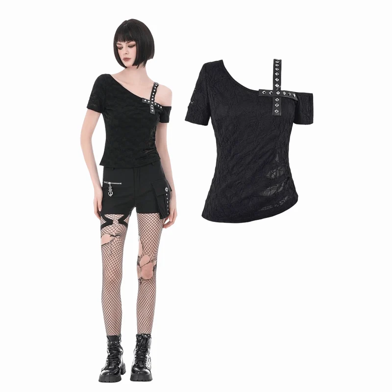 Punk-T-Shirt für Damen mit gekreuzten Trägern, Nieten und asymmetrischem Schnitt, kurzen Ärmeln