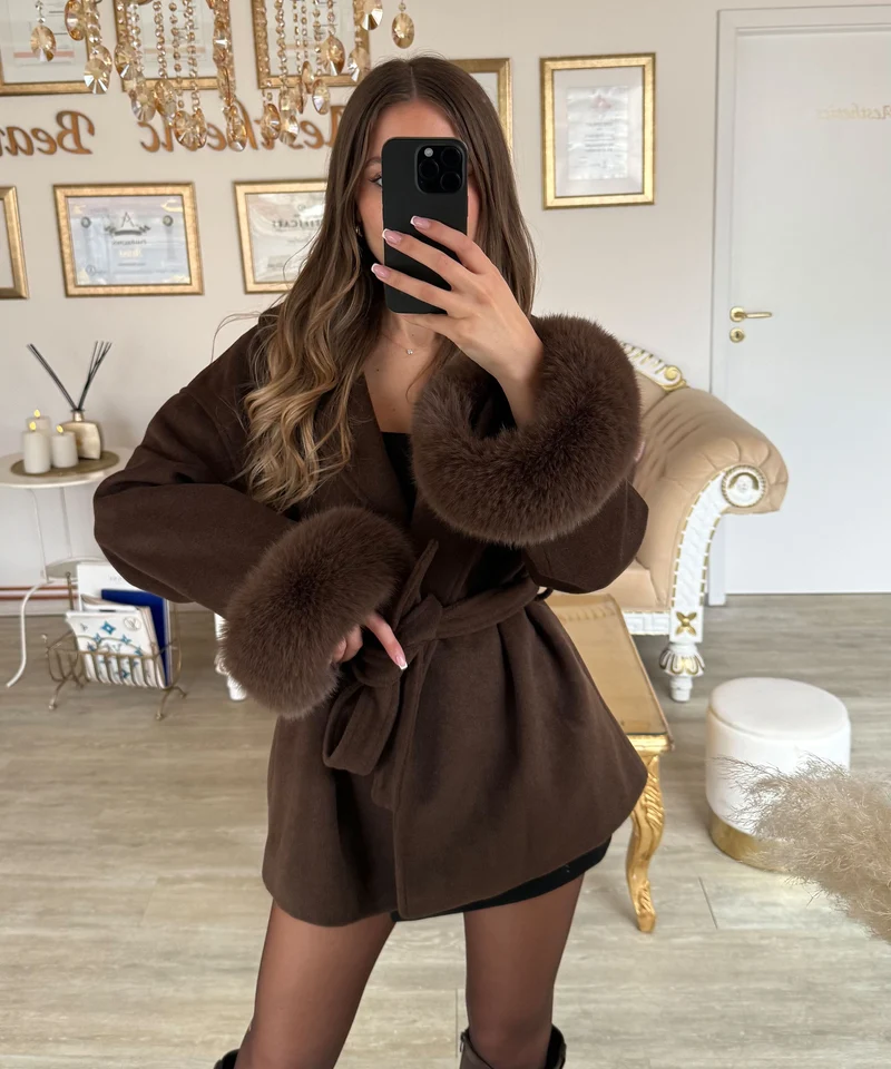 Jacke mit Felldetails Loona Dunkelbraun