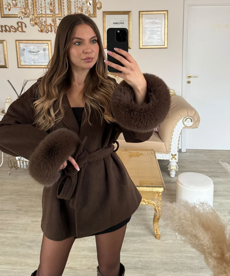 Jacke mit Felldetails Loona Dunkelbraun
