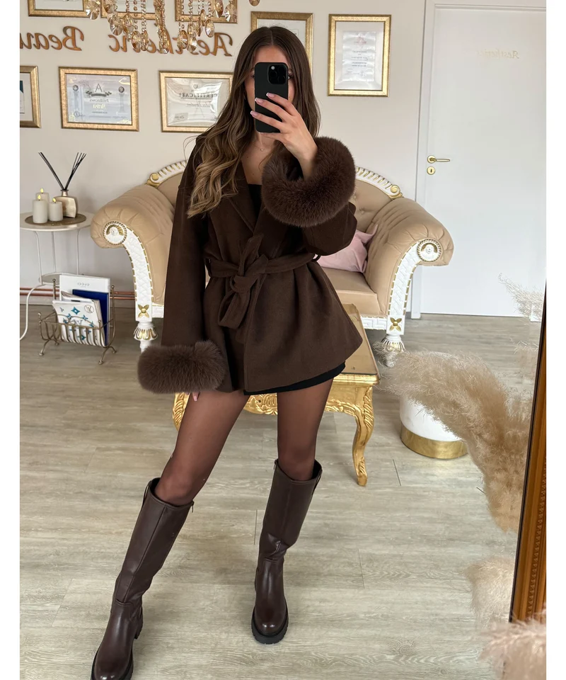 Jacke mit Felldetails Loona Dunkelbraun