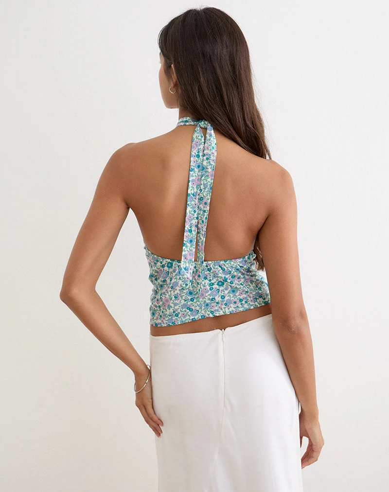 Giulia Knot-Haltertop in Flower-Power-Blau