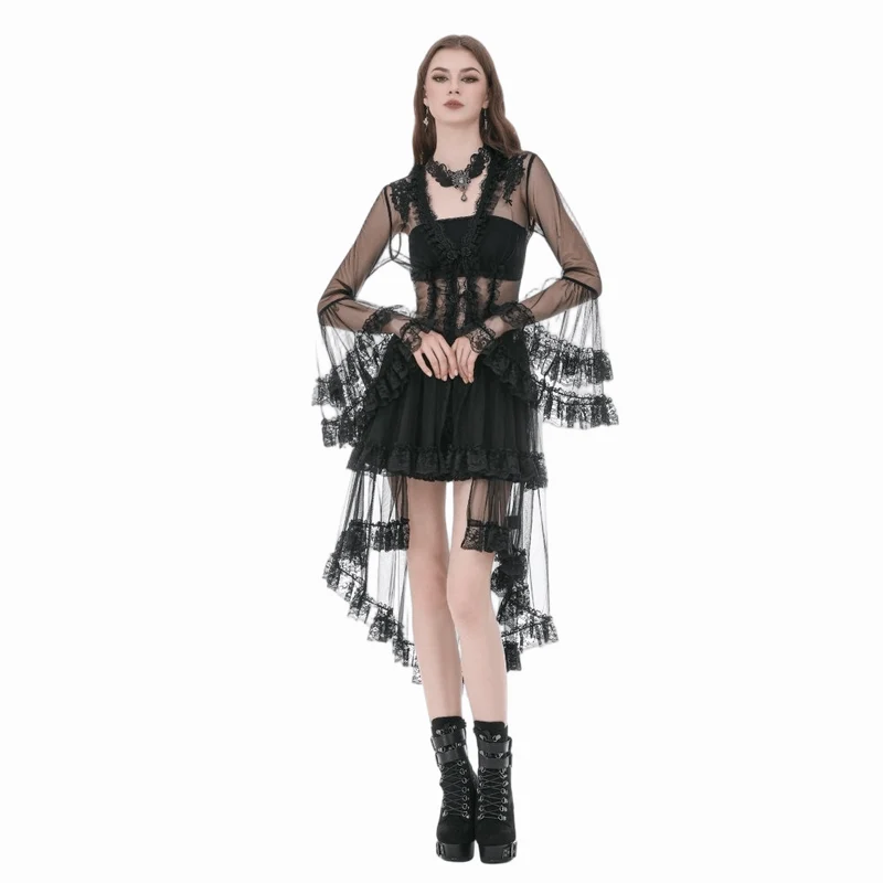 Gothic-Mantel für Damen mit Spitzenapplikationen, transparentem Design und ausgestellten Ärmeln