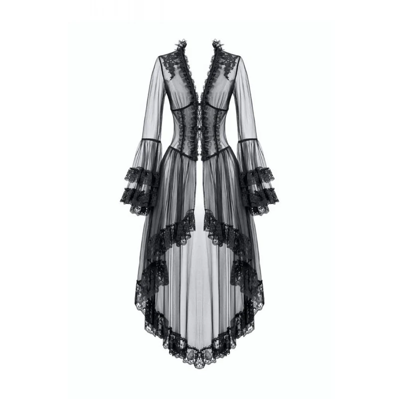 Gothic-Mantel für Damen mit Spitzenapplikationen, transparentem Design und ausgestellten Ärmeln