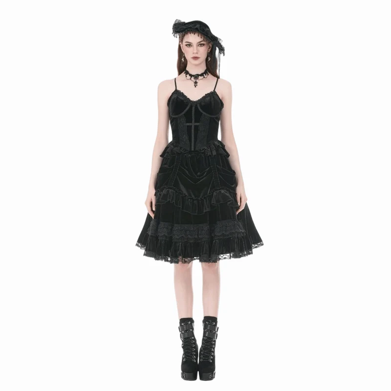 Gothic-T-Shirt aus Samt mit Kreuzverzierung und Rüschen für Damen
