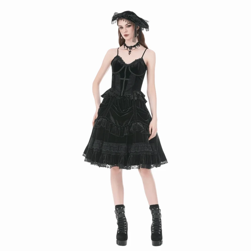 Gothic-T-Shirt aus Samt mit Kreuzverzierung und Rüschen für Damen