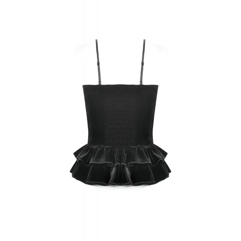 Gothic-T-Shirt aus Samt mit Kreuzverzierung und Rüschen für Damen