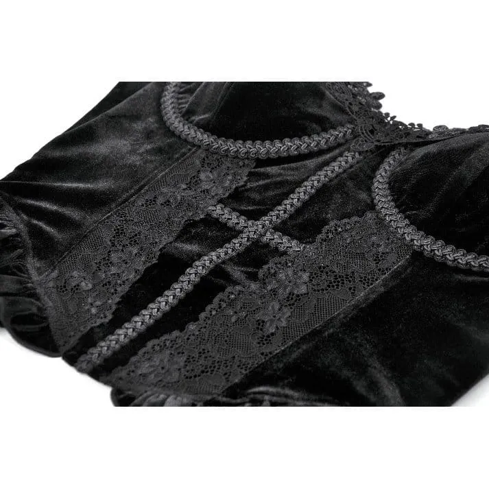 Gothic-T-Shirt aus Samt mit Kreuzverzierung und Rüschen für Damen