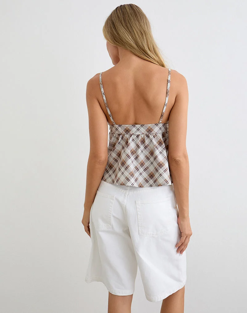 Luz Babydoll-Top mit schrägem Karomuster in Braun