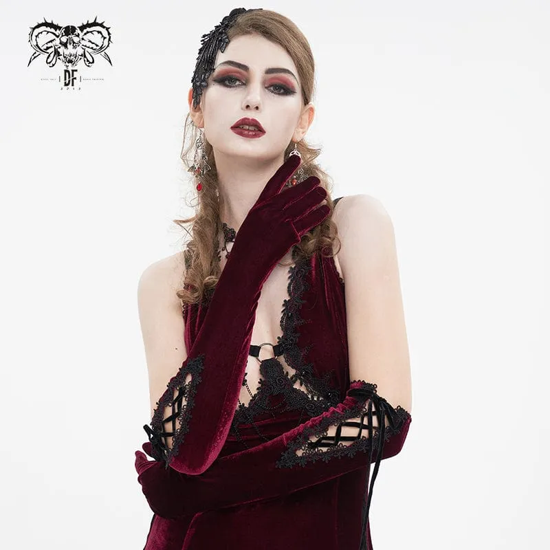 Damen-Gothic-Schnürhandschuhe aus Samt mit Spitzensaum in Rot