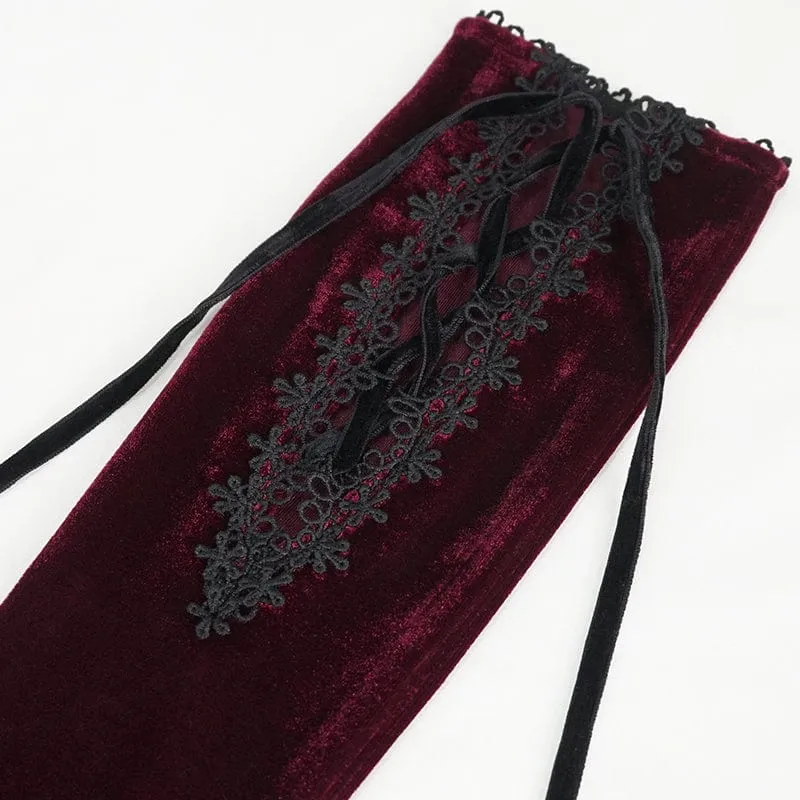 Damen-Gothic-Schnürhandschuhe aus Samt mit Spitzensaum in Rot
