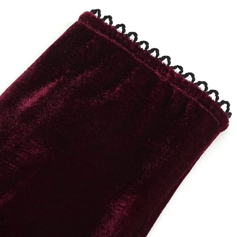 Damen-Gothic-Schnürhandschuhe aus Samt mit Spitzensaum in Rot