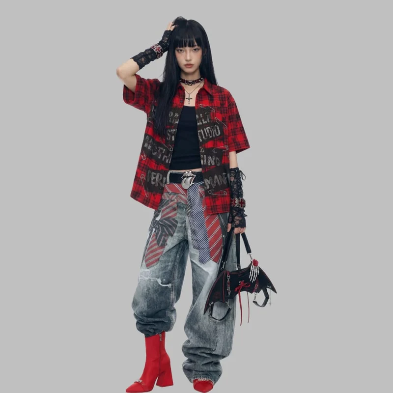 Unisex Grunge Karohemd mit Umlegekragen