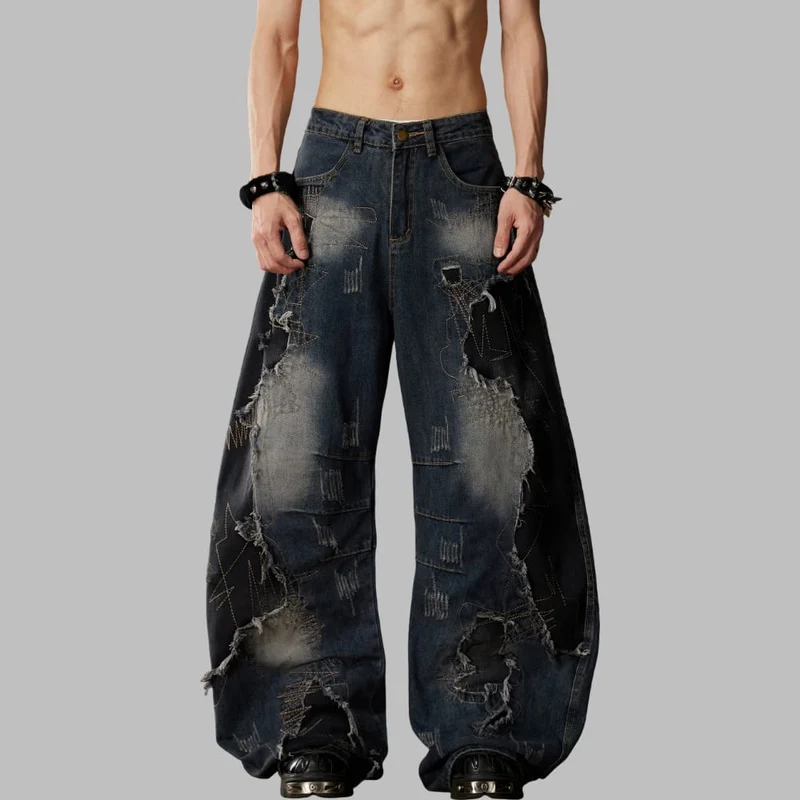 Grunge-Jeans mit Used-Look und Patchwork-Details, extra weitem Bein für Damen