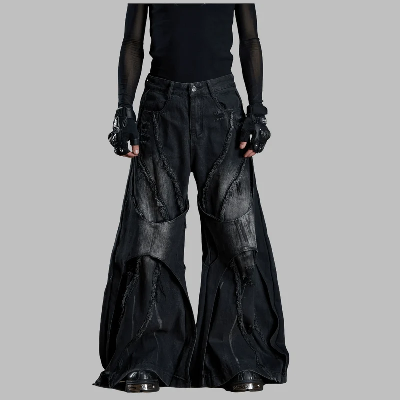 Damen-Grunge-Hose mit offener Kante, doppellagig, ultraweit geschnitten