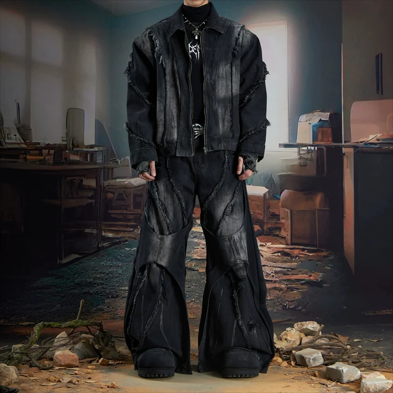 Damen-Grunge-Hose mit offener Kante, doppellagig, ultraweit geschnitten