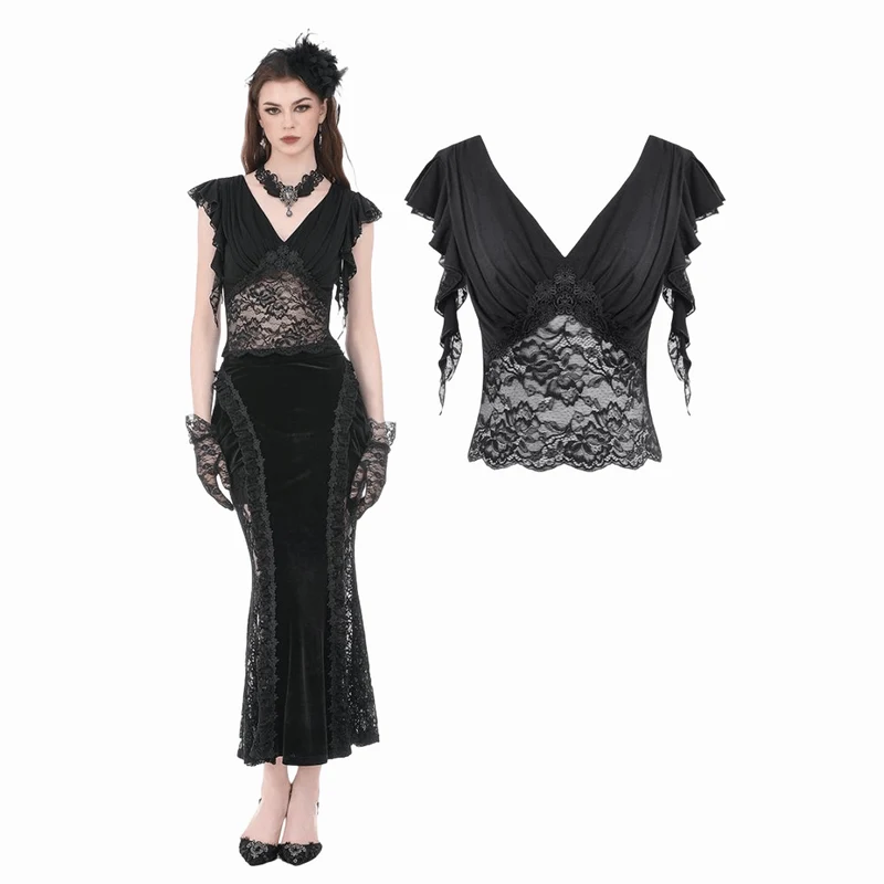 Gothic-Crop-Top für Damen mit floralem Spitzen-Patchwork und tiefem Ausschnitt