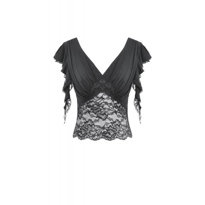 Gothic-Crop-Top für Damen mit floralem Spitzen-Patchwork und tiefem Ausschnitt