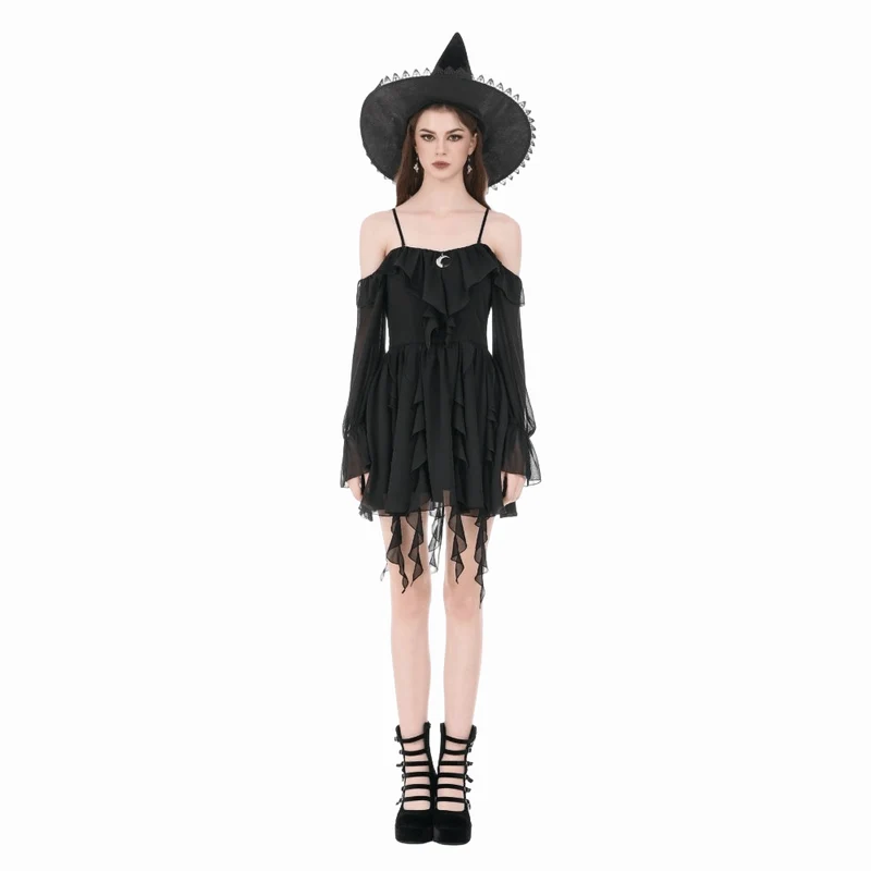 Gothic Moon Damen-Lagenkleid mit Rüschen und schulterfreiem Rock