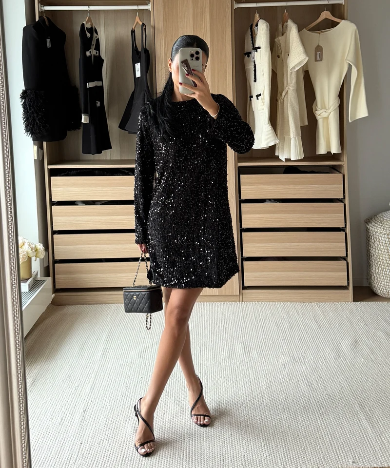 Pailletten Kleid Nessa Schleife Schwarz