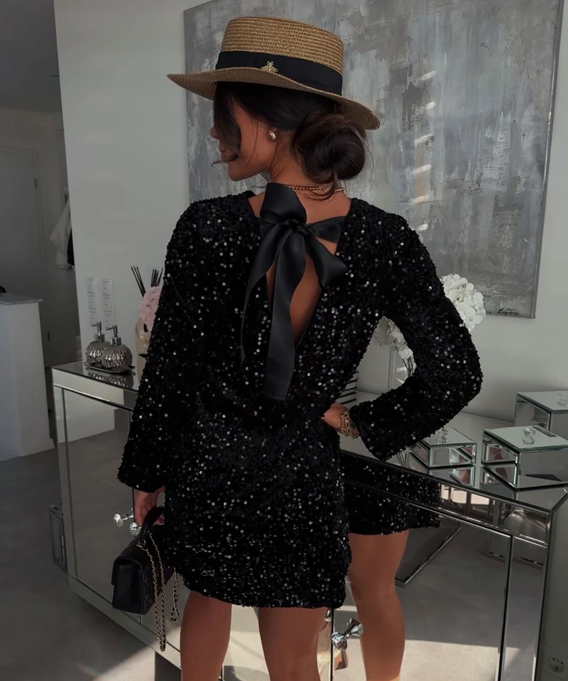 Pailletten Kleid Nessa Schleife Schwarz