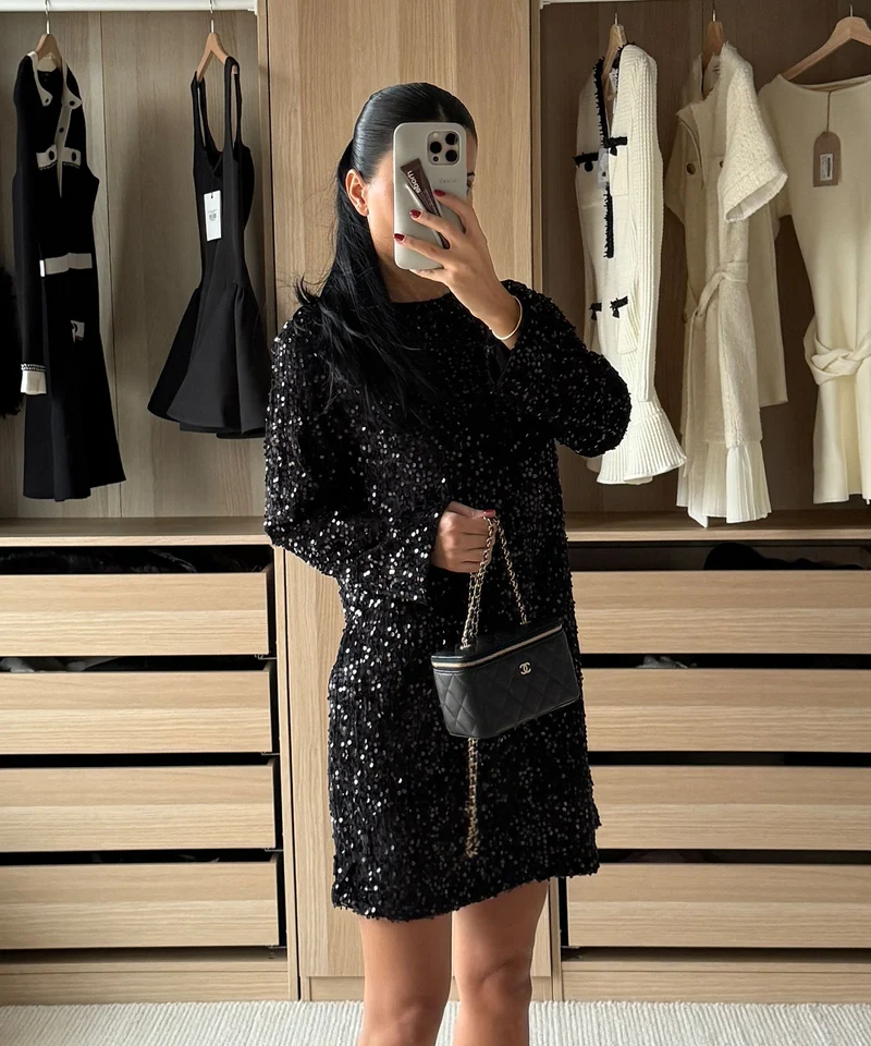 Pailletten Kleid Nessa Schleife Schwarz