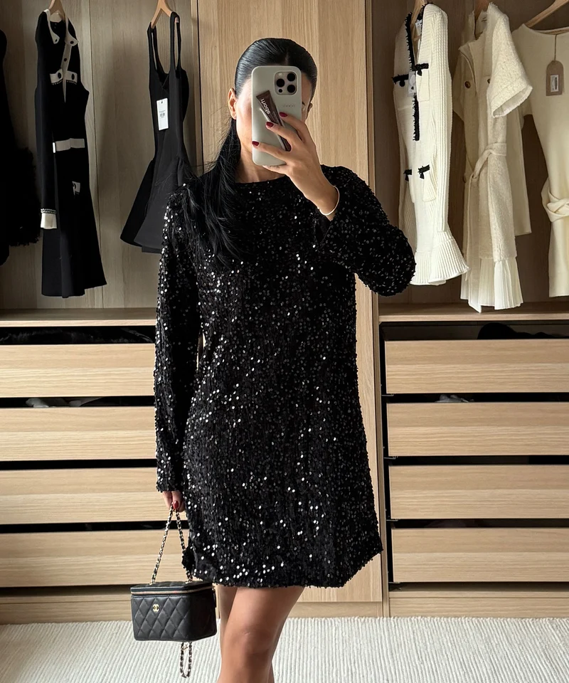 Pailletten Kleid Nessa Schleife Schwarz